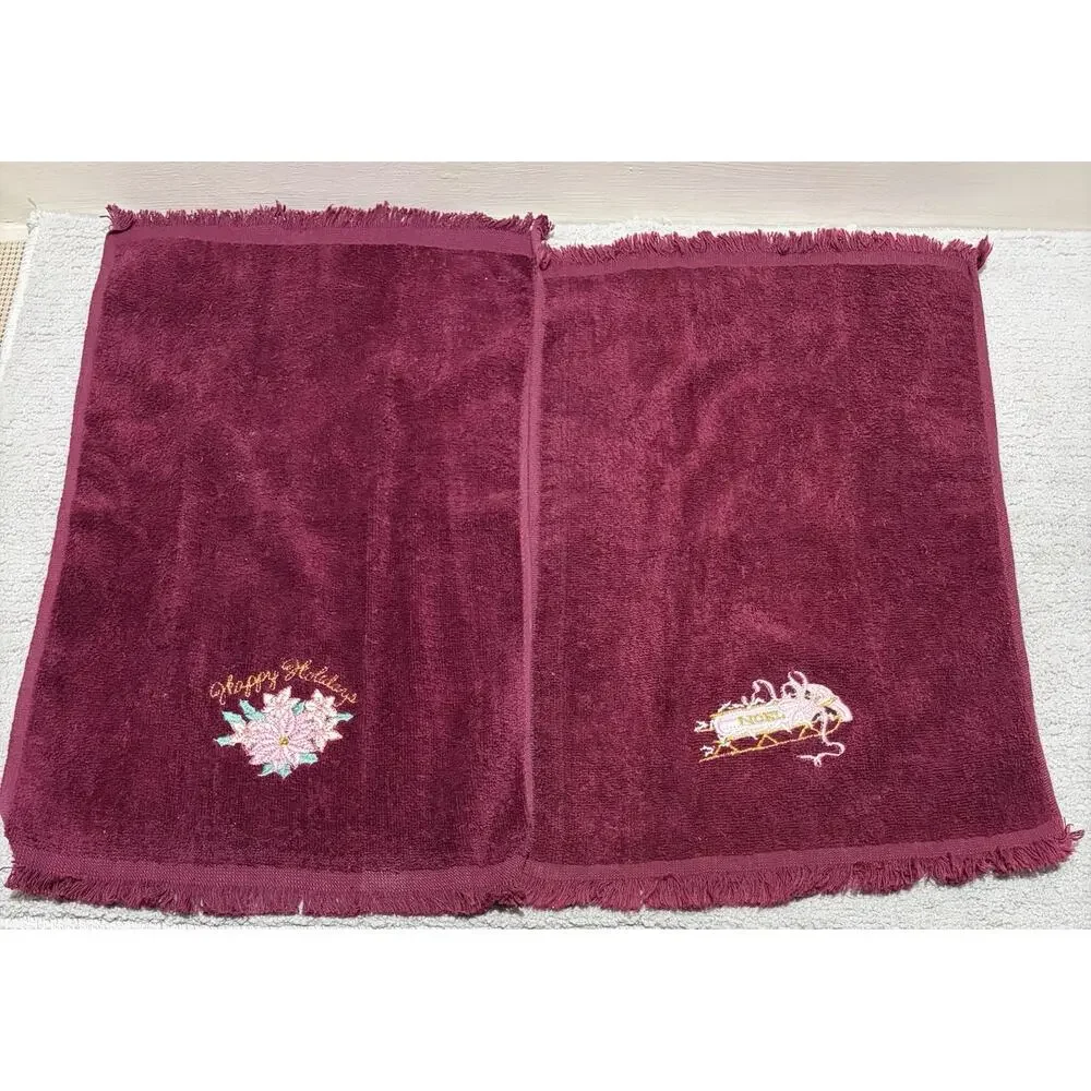 Hand Towel Christmas Lot (5) Satin Embroidered Victorian Saturday Knight Vintage